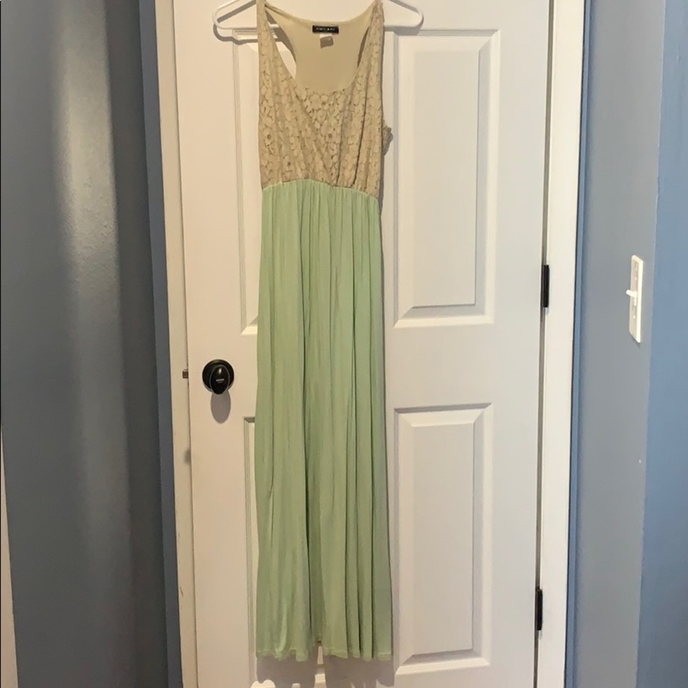 Green and tan lace maxi dress, small